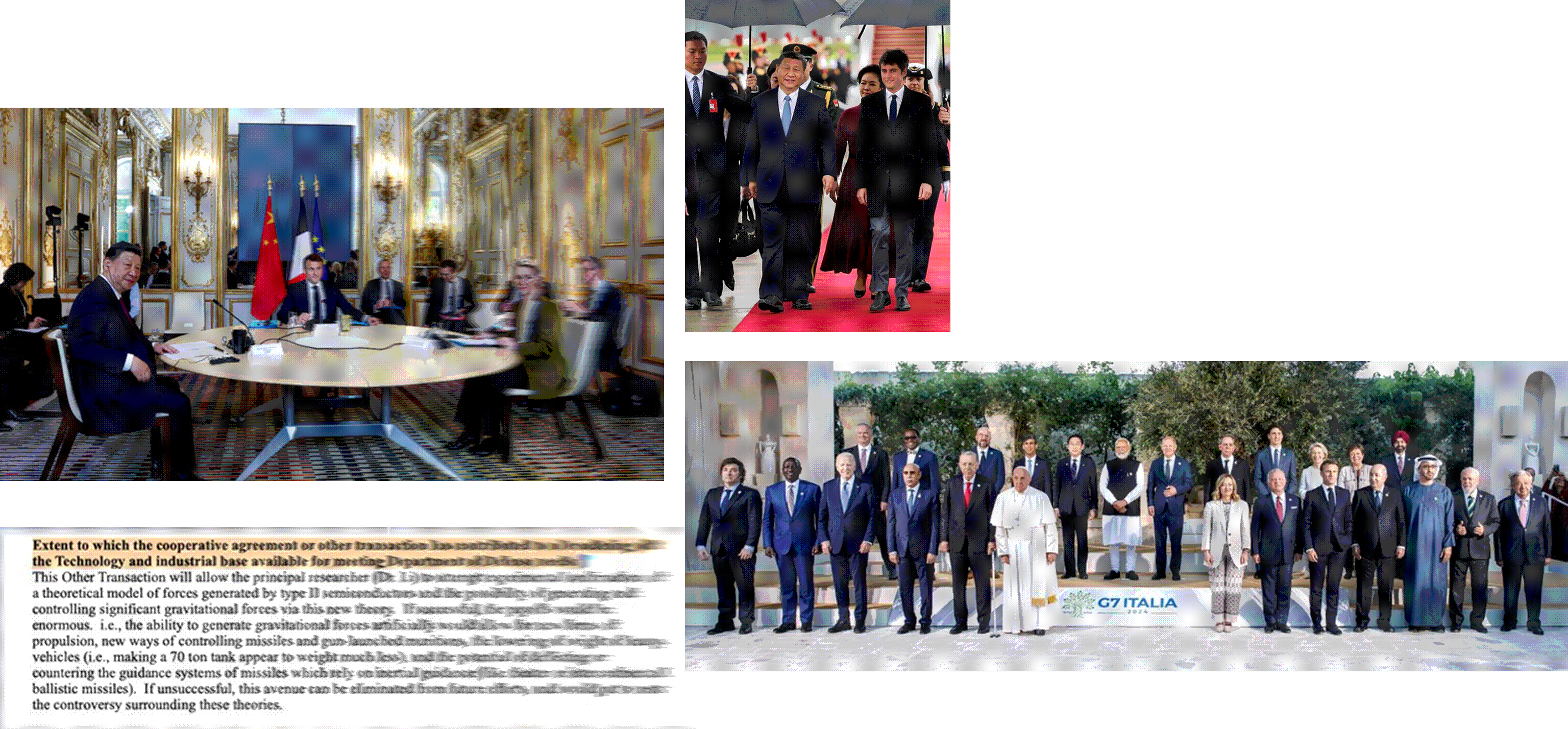 Accueil  Paris du Prsident chinois par le Premier ministre.,Le prsident chinois Xi Jinping, le prsident franais Emmanuel Macron et la prsidente de la Commission europenne Ursula von der Leyen au palais de l'lyse  Paris, le 6 mai 2024.